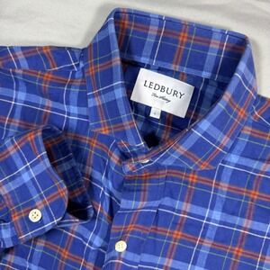 Ledbury Mens L Blue Orange Plaid Fine Shirting Long Sleeve Button Up Shirt
